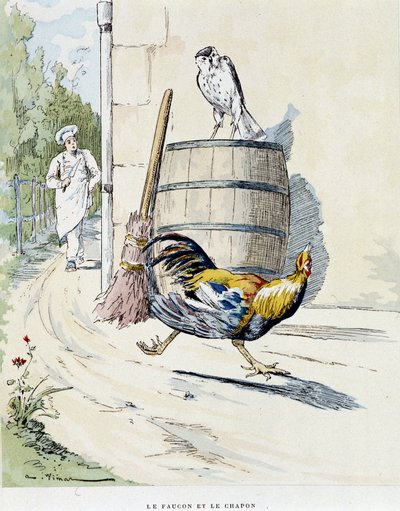 O falcão e o capão nas "Fábulas de La Fontaine, doente. de Auguste Vimar (1851-1916), Tours, em A, Mame & Fils de Auguste Vimar