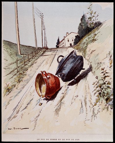 A panela de barro e a panela de ferro - em "Les Fables de La Fontaine", doente de Auguste Vimar (1851-1916), Tours, em A, Mame & Fils de Auguste Vimar