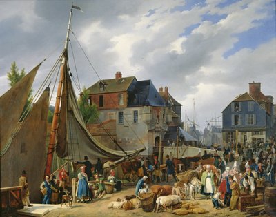 Carregando gado para o &39;Passager&39; no porto de Honfleur, 1823 de Auguste Xavier Leprince