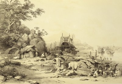 House Boats na Baía de Cowloon, placa 6 de Sketches of China, gravada por Eugene Ciceri (1813-90) 1842 (lito colorido) de Auguste after Borget