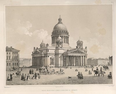 Catedral de Santo Isaacs vista da Admiralteysky Prospekt De: A construção da Catedral de Santo Isaacs, 1845 de Auguste de Montferrand