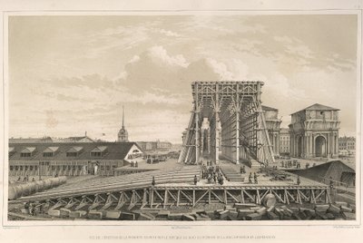 A primeira coluna da construção De: A Construção da Catedral de Santo Isaacs, 1845 de Auguste de Montferrand
