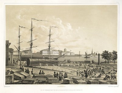 Descarregando duas colunas no Almirantado De: A construção da Catedral de Santo Isaacs, 1845 de Auguste de Montferrand