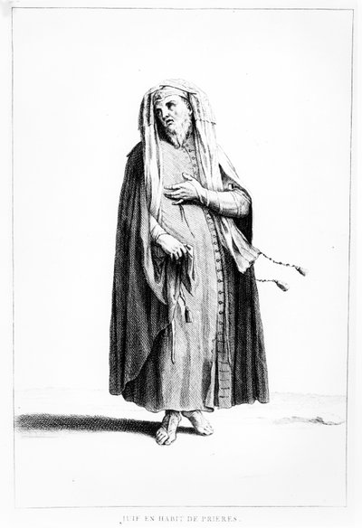 Um, judeu francês, homem, vestido, para, oração, ilustração, de, Dictionnaire, histórico, de, a, bíblia, 1722 de Augustin Calmet
