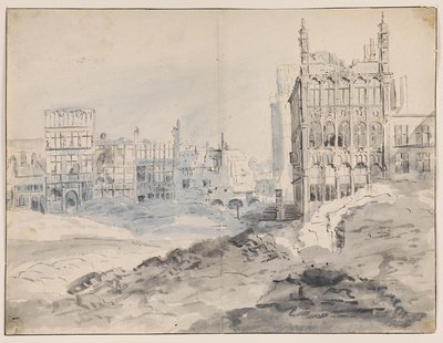 O canto noroeste de la Grand-Place, Bruxelas após o bombardeio de 1695 de Augustin Coppens