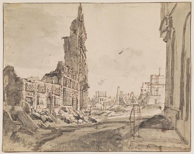 Vista sobre os cantos nordeste e noroeste da Grand Place após o bombardeio de 1695 de Augustin Coppens
