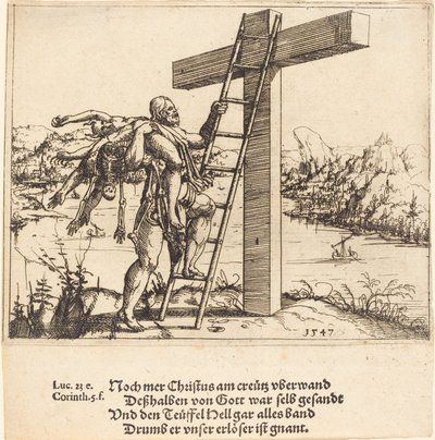 Cristo ascendendo à cruz com o pecado, a morte e o diabo, 1547. de Augustin Hirschvogel