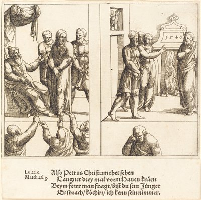 Cristo diante de Caifás e Pedro negando Cristo, 1548. de Augustin Hirschvogel