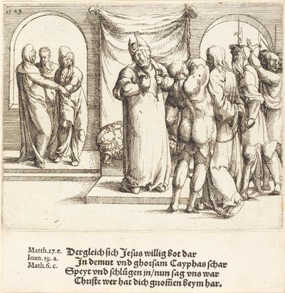 Cristo é escarnecido e Caifás rasga suas vestes, 1549. de Augustin Hirschvogel