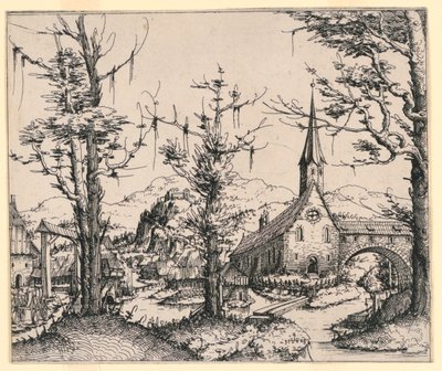 Igreja por um córrego, atravessada por uma ponte coberta de Augustin Hirschvogel