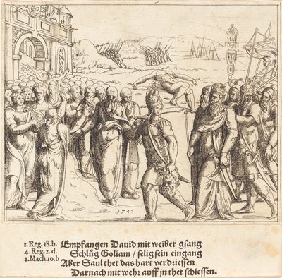 Davi é bem-vindo depois de matar Golias e o ciúme de Saul, 1547. de Augustin Hirschvogel