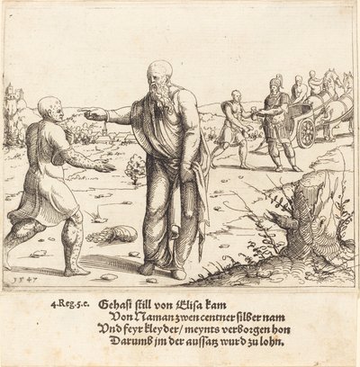 Eliseu pune Geazi com a lepra de Naamã, 1547. de Augustin Hirschvogel