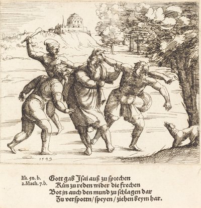 Isaías aceita a zombaria por causa de sua fé, 1549. de Augustin Hirschvogel