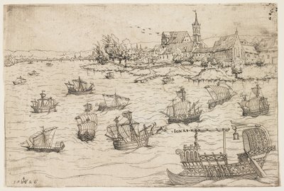 Jonas e a baleia em um lago com embarcações à vela, 1546 de Augustin Hirschvogel