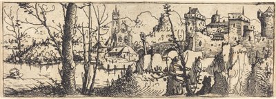Paisagem com Castelo à Direita, Rodeado por Rochas, 1546. de Augustin Hirschvogel
