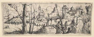 Paisagem com forte e uma igreja em um rio, 1545. de Augustin Hirschvogel