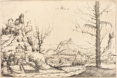 Paisagem com altas falésias, rio e cidade de Augustin Hirschvogel