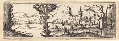 Paisagem com lago e cidade, 1545. de Augustin Hirschvogel