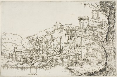 Paisagem com rio, cidade e castelo de Augustin Hirschvogel