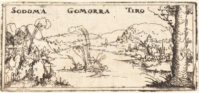 Paisagem com três cidades em chamas: Sodoma, Gomorra e Tiro. de Augustin Hirschvogel