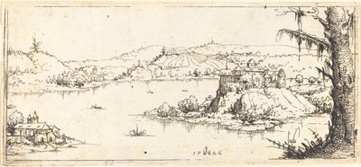 Paisagem com um grande lago no centro de Augustin Hirschvogel