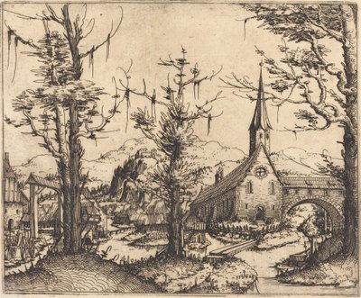 Paisagem com uma igreja da vila de Augustin Hirschvogel