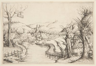 Paisagem com uma ponte de madeira sinuosa de Augustin Hirschvogel