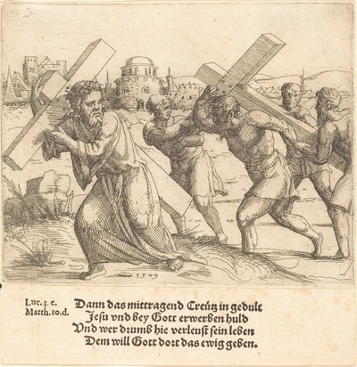 Homem carrega a cruz depois de Cristo, 1549. de Augustin Hirschvogel