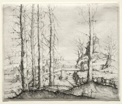 Paisagem do rio com as cinco árvores Spruce desencapadas no primeiro plano, 1549. de Augustin Hirschvogel