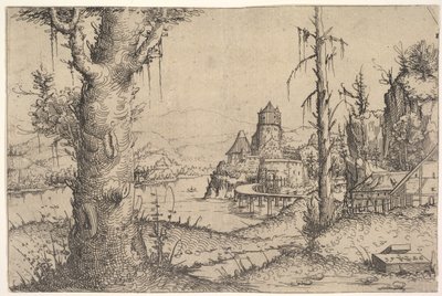 Paisagem do rio com a grande árvore à esquerda, 1546. de Augustin Hirschvogel