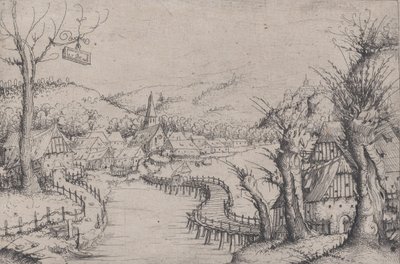 Paisagem fluvial com três salgueiros à direita e uma longa ponte de madeira sinuosa em ..., 1546. de Augustin Hirschvogel