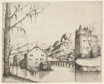 Paisagem fluvial com dois edifícios ligados por uma ponte de Augustin Hirschvogel