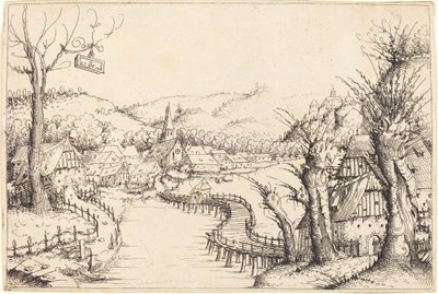 Paisagem fluvial com ponte de madeira de Augustin Hirschvogel
