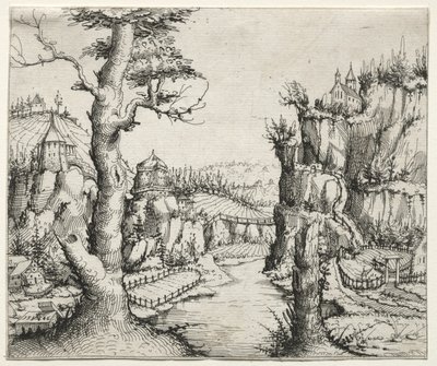 Paisagem fluvial com rochas à esquerda e à direita de Augustin Hirschvogel