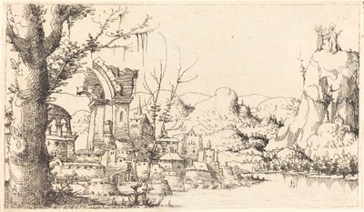 Paisagem fluvial com a tentação de Cristo, 1545. de Augustin Hirschvogel