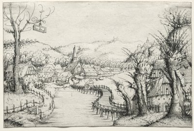 Paisagem do rio com três salgueiros nus à direita e uma longa e sinuosa ponte de madeira ..., 1546. de Augustin Hirschvogel