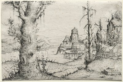 Paisagem do rio com a grande árvore à esquerda, 1546. de Augustin Hirschvogel