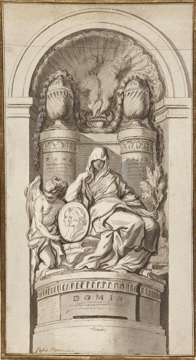 Estudo para um Monumento Funerário, 1750 (giz preto, caneta e tinta marrom, marrom e cinza, branco aumentando em duas folhas unidas) de Augustin Pajou