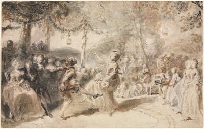 Dançarinos fantasiados tocando em uma taberna de jardim, 1756. de Augustin de Saint Aubin
