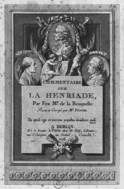 Frontispício do comentário de de la Beaumelle de &39;La Henriade&39; de Voltaire, revisado e atualizado por Freron, publicado em Berlim e Paris, 1775 de Augustin de Saint Aubin