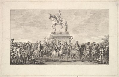 A inauguração da estátua de Luís XV, vinheta na página 1, da Description des Trava ..., 1766. de Augustin de Saint Aubin