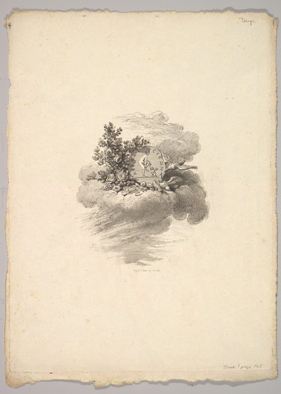 Vinheta com moeda em uma nuvem com rosas à esquerda e pombas abaixo e à direita..., 1778-80. de Augustin de Saint Aubin