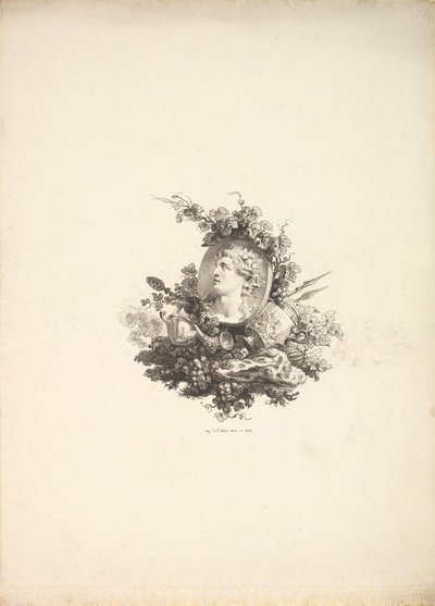 Vinheta com a cabeça de Baco em uma cornalina, Tomo I, Página 242, de Description de ..., 1778-80. de Augustin de Saint Aubin