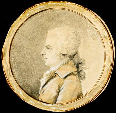 Wolfgang Amadeus Mozart - Augustin de Saint-Aubin (1736-1807). Sangue, giz preto e cor branca sobre papel, ca. 1778. Dimensão : D 13,8 cm. Colecção Particular de Augustin de Saint Aubin