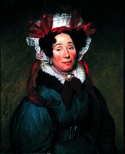 Retrato de uma senhora com uma touca vermelha e branca de Augustine Cochet St. Omer