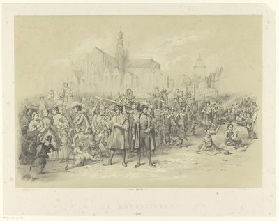 Os pedestres distribuem panfletos
The Rederijkers 1500 (título sobre o objecto) de Augustinus Jacobus Bernardus Wouters