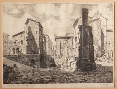Roma, Porticus de Octaviae, e as Ruínas do Teatro de Marcelo (gravura em papel) de Augusto Baracchi