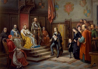 Frederick III, sendo pressionado a marchar contra os turcos pelo poeta Trieste Raffaele Zovenzoni, pintura de Augusto Tominz (1818-1883) de Augusto Tominz