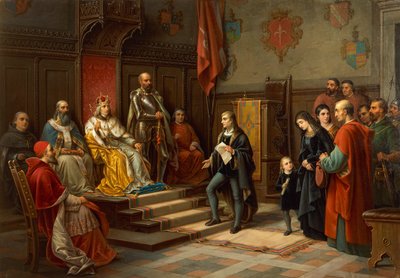 Frederick III, sendo pressionado a marchar contra os turcos pelo poeta Trieste Raffaele Zovenzoni, por Augusto Tominz (1818-1883) de Augusto Tominz