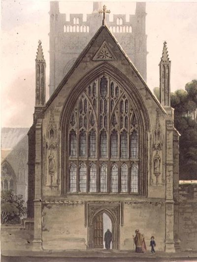 Exterior do Merton College, de frente para a janela norte da capela Ante, ilustração da 